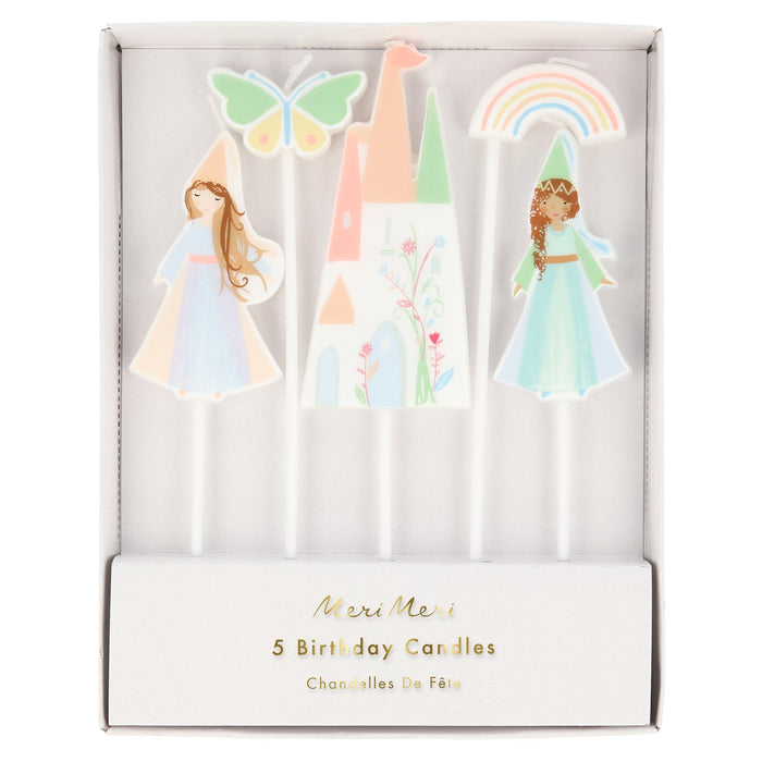 Magical princess birthday candle set with pastel princesses, castle, butterfly, and rainbow designs on white candle sticks in packaging.