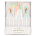 Magical princess birthday candle set with pastel princesses, castle, butterfly, and rainbow designs on white candle sticks in packaging.