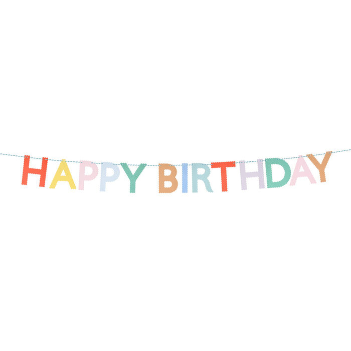 Scallop Bright Happy Birthday Garland with colorful scalloped letter cutouts spelling Happy Birthday on a hanging cord.
