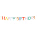 Scallop Bright Happy Birthday Garland with colorful scalloped letter cutouts spelling Happy Birthday on a hanging cord.