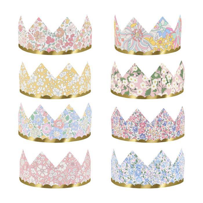 Liberty Floral party crowns with assorted floral prints, pointed tops, and gold scalloped trim.