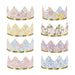 Liberty Floral party crowns with assorted floral prints, pointed tops, and gold scalloped trim.