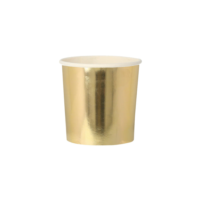 Gold Tumbler Cups with shiny metallic gold paper cup design and white rim on a white background.