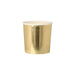 Gold Tumbler Cups with shiny metallic gold paper cup design and white rim on a white background.