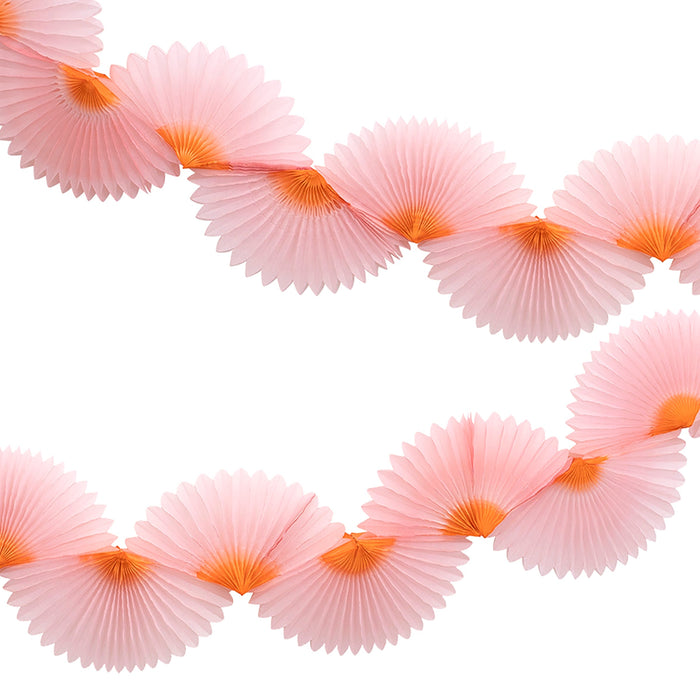 Pink Honeycomb Fan Garland with soft pink paper fan decorations and orange centers hanging in curved strands on a white background.