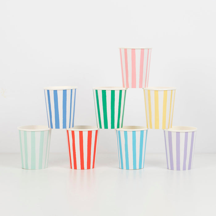 Mixed Stripe Cups arranged on a white background with assorted colorful vertical stripes in blue, green, pink, yellow, red, mint, teal, and lavender.