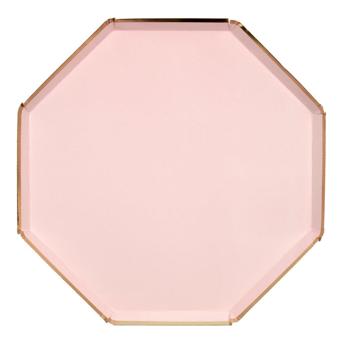 Dusky Pink Dinner Plate with pale blush pink octagon shape and shiny gold edge details on a white background.