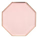 Dusky Pink Dinner Plate with pale blush pink octagon shape and shiny gold edge details on a white background.
