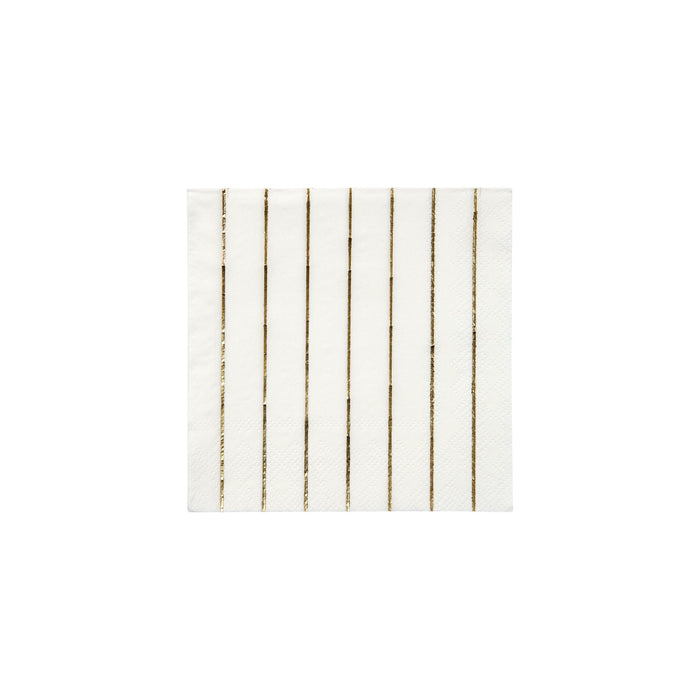 Gold Stripe Small Napkin with white background and slim vertical metallic gold foil stripes.