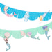 Mermaid Fringe Garland Set with blue and mint fringe garlands featuring watercolor mermaids, seahorses, seashells, and under-the-sea decorations on a white background.