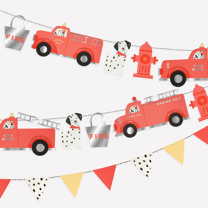 Fire truck garland set with red fire trucks, spotted fire dogs, fire hydrants, silver fire buckets, and matching pennant banner.