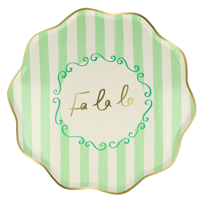 Striped Christmas Dinner Plate, mint stripe "Fa la la" design