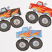 Monster Truck plates shaped like trucks with oversized tires, flame graphics, and assorted red, blue, and black designs.