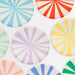 Mixed Stripe Paper Side Plates with assorted colorful sunburst stripe designs in blue, green, red, yellow, pink, and lavender.