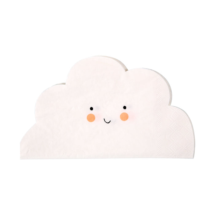Happy Cloud Napkins shaped like a white cloud with a smiling face and peach cheek accents on a white background.