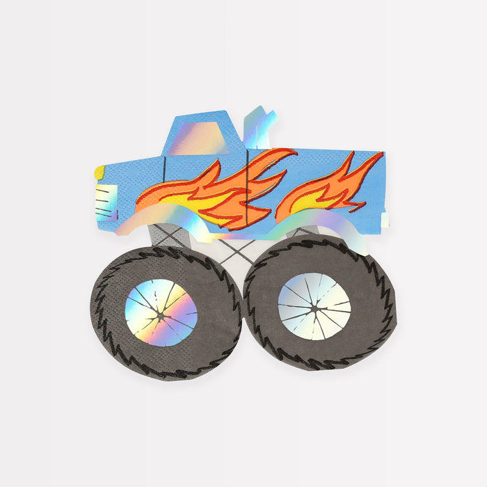 Monster Truck Napkin shaped like a blue monster truck with flame graphics, oversized black tires, and shiny silver accents.
