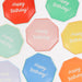Mixed Happy Birthday Dinner Plates in assorted bright colors with white birthday lettering and contrasting edge details.