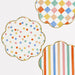 Colorful Pattern Dinner Plates with assorted polka dot, stripe, and checkerboard designs, scalloped edges, and metallic gold trim.