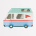 Outdoor Adventures Camper Van Plate shaped like a blue and mint camper van with windows, wheels, and a “Little Explorer” flag detail on a white background.