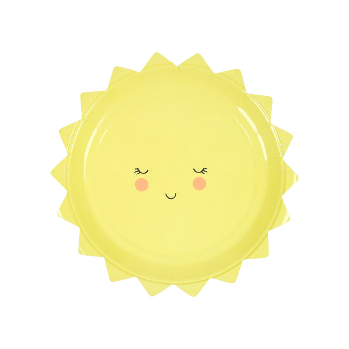 Happy Sun Small Plate with bright yellow sun shape, pointed rays, closed eyes, rosy cheeks, and a smiling face on a white background.