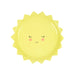 Happy Sun Small Plate with bright yellow sun shape, pointed rays, closed eyes, rosy cheeks, and a smiling face on a white background.