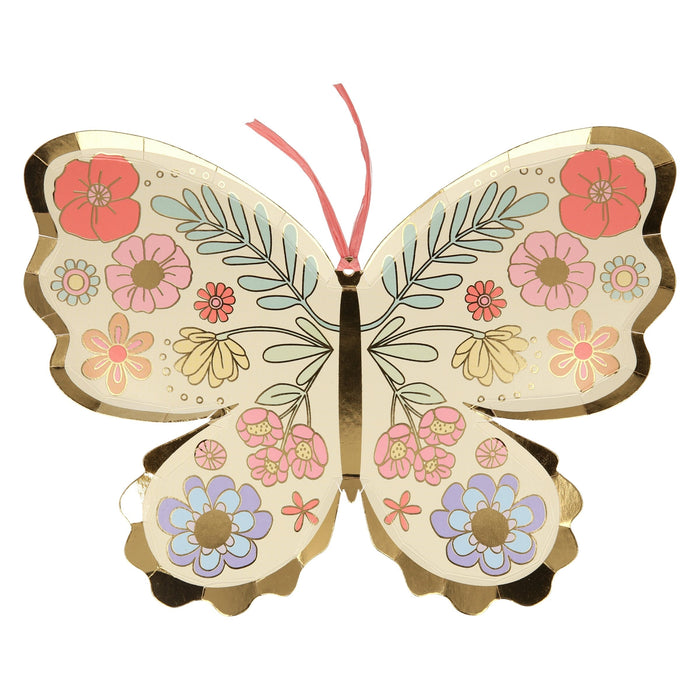 Floral Butterfly Plate shaped like a butterfly with colorful flower artwork, gold foil accents, scalloped wing edges, and pink antennae on a white background.