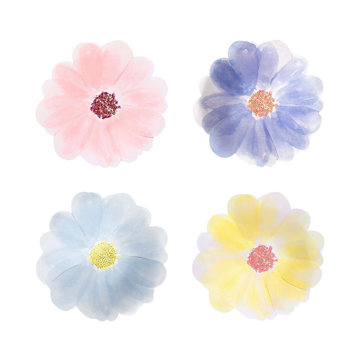 Flower Garden Small Plates with assorted watercolor flower designs in pink, blue, purple, and yellow on a white background.
