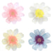 Flower Garden Large Paper Plates featuring assorted flower-shaped plates in pink, white, yellow, and blue with detailed flower centers on a white background.