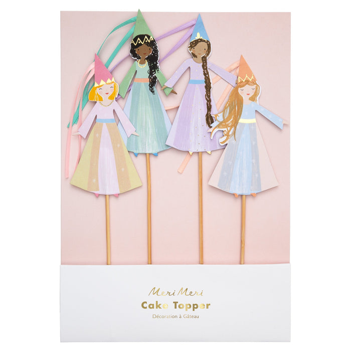Magical princess cake topper set with four pastel princess cutouts, colorful party hats, ribbon accents, and wooden-style sticks.