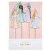 Magical princess cake topper set with four pastel princess cutouts, colorful party hats, ribbon accents, and wooden-style sticks.