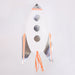 Rocket Plate shaped like a white rocket with shiny silver foil fins, orange accents, round window details, and orange tassel flames on a white background.