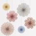 Liberty floral paper pinwheel decorations in assorted sizes with pastel floral prints and hanging strings.