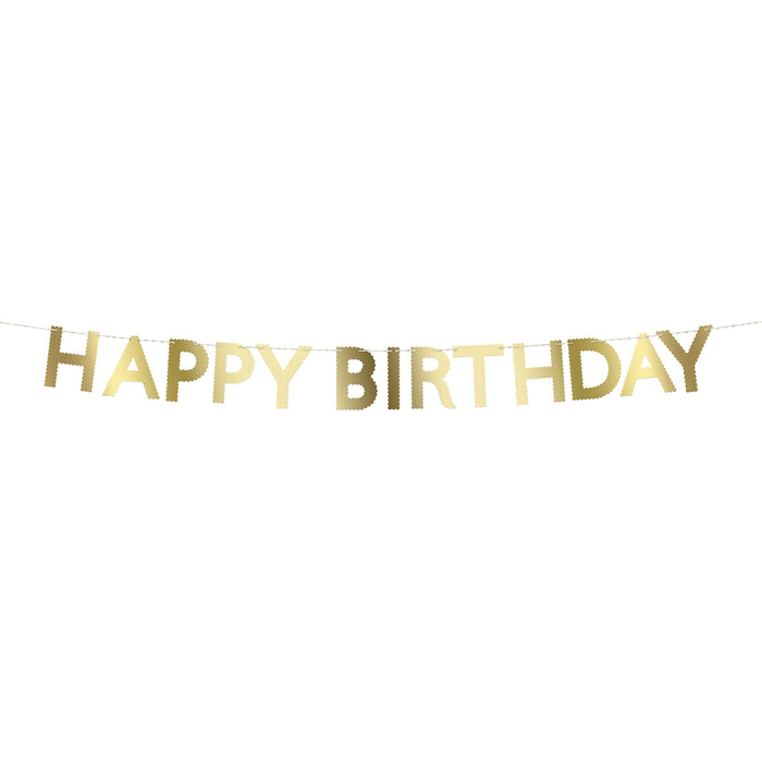 Gold Scallop Happy Birthday Garland with metallic gold scalloped letter cutouts spelling Happy Birthday on a hanging cord.
