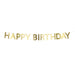 Gold Scallop Happy Birthday Garland with metallic gold scalloped letter cutouts spelling Happy Birthday on a hanging cord.