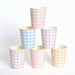 Gingham Cups arranged in a pyramid with pastel pink, blue, coral, and yellow checkered paper cups on a white background.