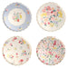 English Garden Dinner Plates with assorted pastel floral designs and scalloped gold edges on a white background.