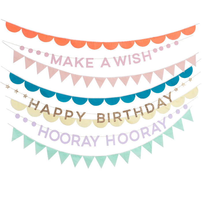 Rainbow Birthday Garland Set with 8 colorful garlands featuring scallops, pennants, dots, stars, and “Make a Wish,” “Happy Birthday,” and “Hooray Hooray” letter banners on a white background.