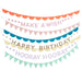 Rainbow Birthday Garland Set with 8 colorful garlands featuring scallops, pennants, dots, stars, and “Make a Wish,” “Happy Birthday,” and “Hooray Hooray” letter banners on a white background.