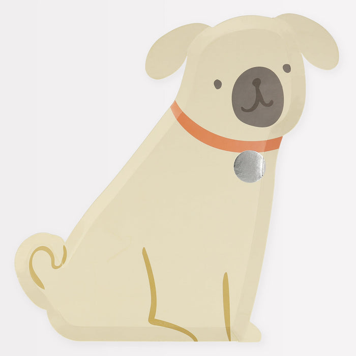 Pug Plate shaped like a cream-colored sitting pug with floppy ears, curled tail, orange collar, silver tag, and illustrated face on a white background.