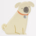 Pug Plate shaped like a cream-colored sitting pug with floppy ears, curled tail, orange collar, silver tag, and illustrated face on a white background.