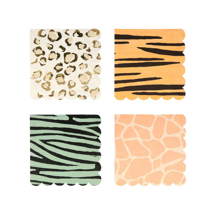 Safari animal print large napkins with leopard, tiger, zebra, and giraffe patterns and scalloped edges.