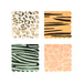 Safari animal print large napkins with leopard, tiger, zebra, and giraffe patterns and scalloped edges.