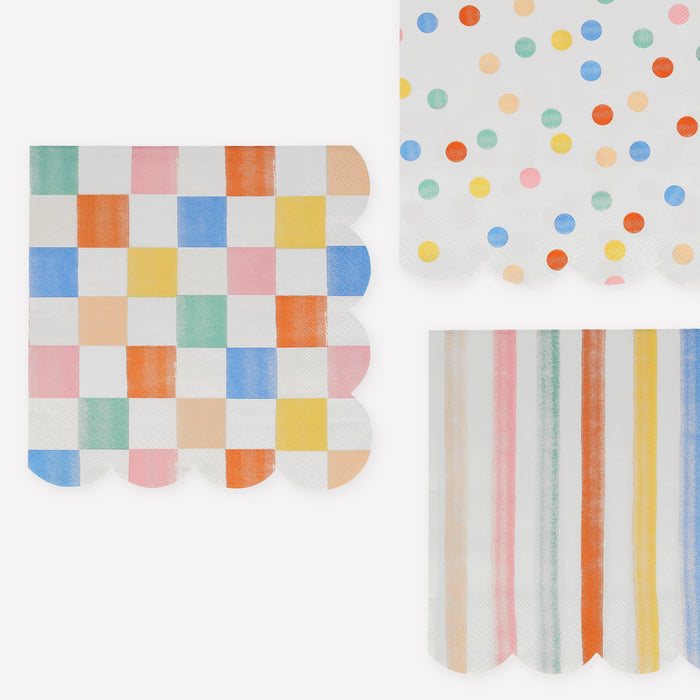 Colorful Pattern Large Napkins featuring assorted checkered, polka dot, and striped designs in bright multicolor shades with scalloped-style edges.