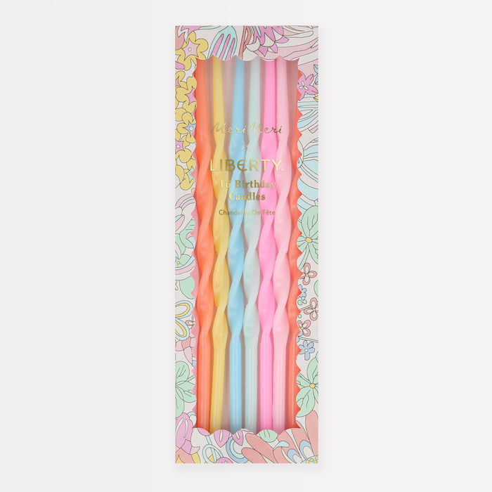 Pastel Rainbow Garden Party Candles in assorted soft colors with twisted shapes inside a floral box.