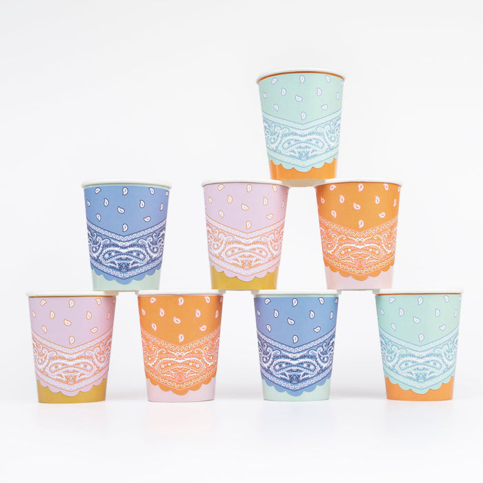 Western Bandana Cups in assorted colorful designs with paisley patterns, scalloped details, and pastel western-inspired colors.
