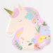 Meadow Unicorn Shaped Plate with a pink mane, gold horn, closed eye, and colorful floral details.
