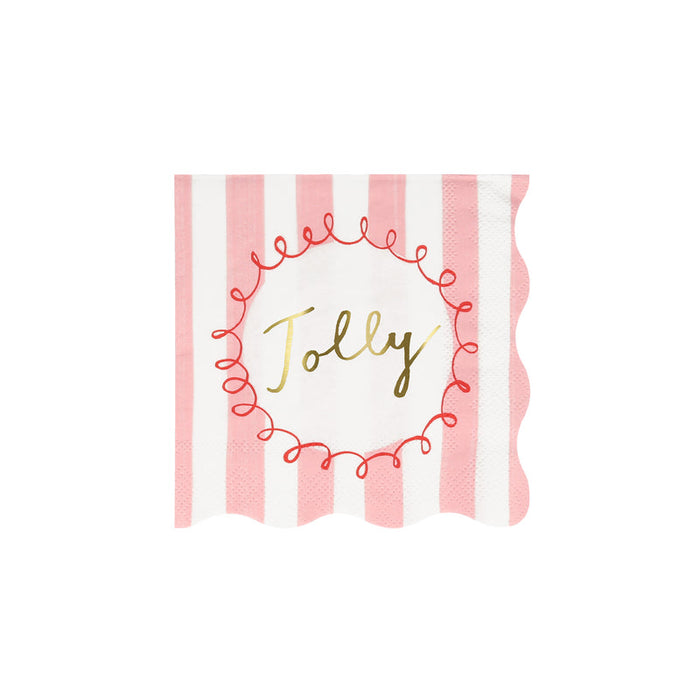 Striped Christmas Beverage Napkin, pink stripe "Jolly" design