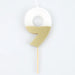 White number 9 cake candle with metallic gold dipped finish and wooden pick on a white background.