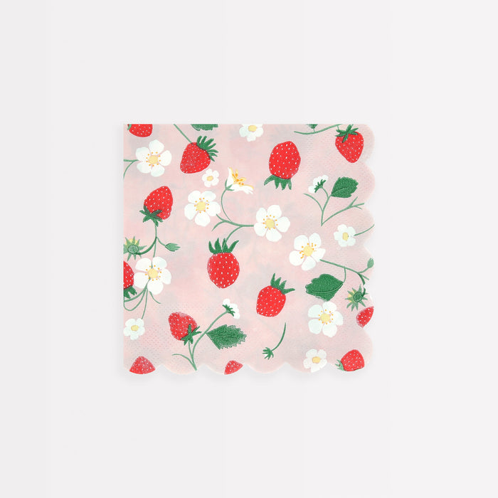 Strawberry Pattern Small Napkin with red strawberries, white blossoms, green leaves, and scalloped edges on a soft pink background.
