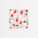 Strawberry Pattern Small Napkin with red strawberries, white blossoms, green leaves, and scalloped edges on a soft pink background.
